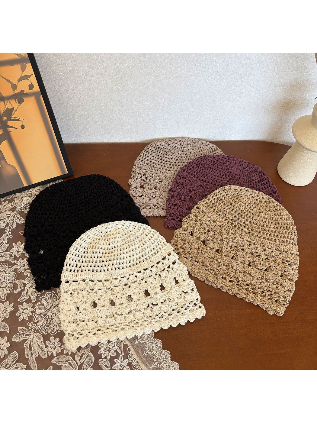 Haila - Women's Hollow Out Floral Knit Hat Cap