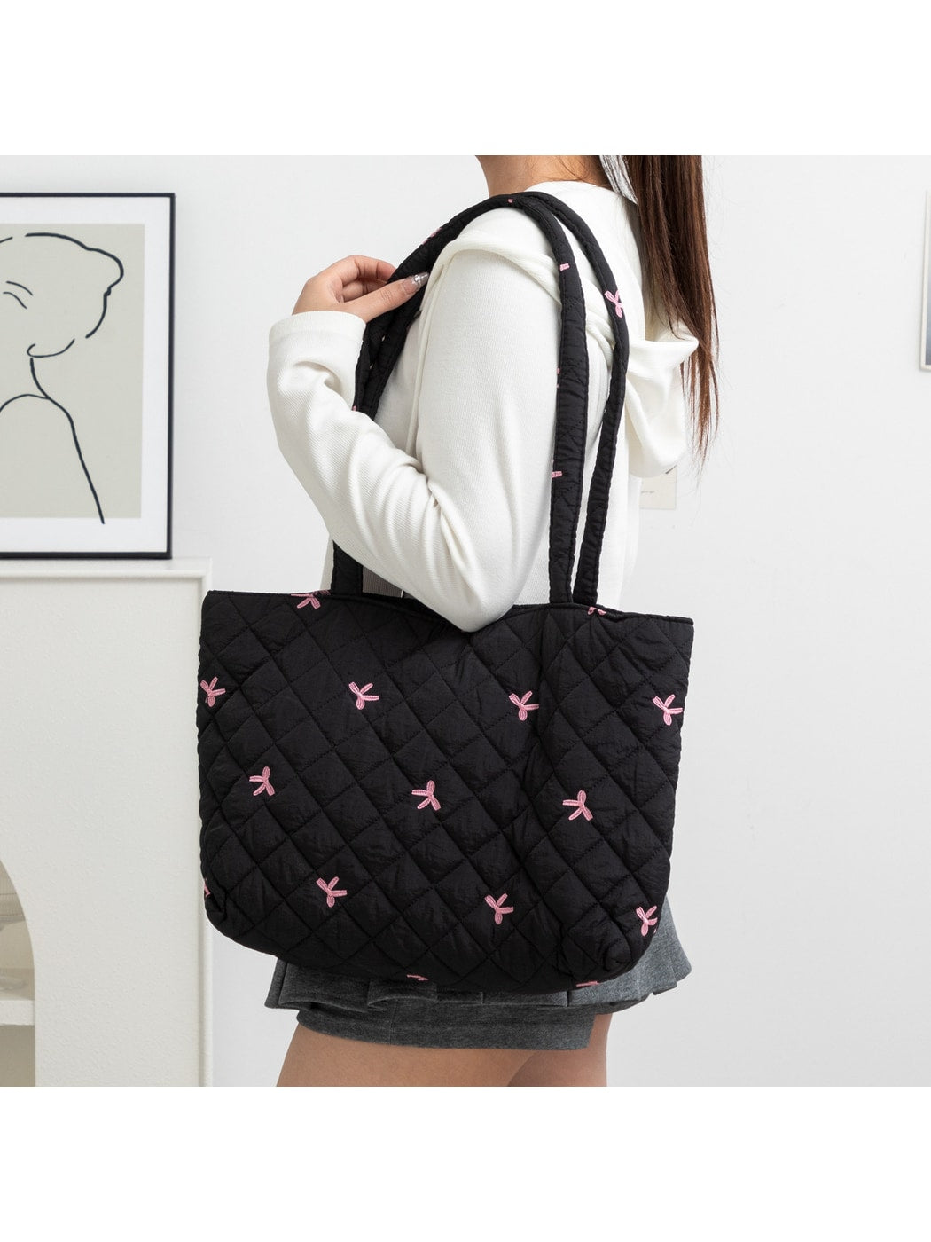 Cosbai - Bow and Floral Patterns Quilted Tote Bag