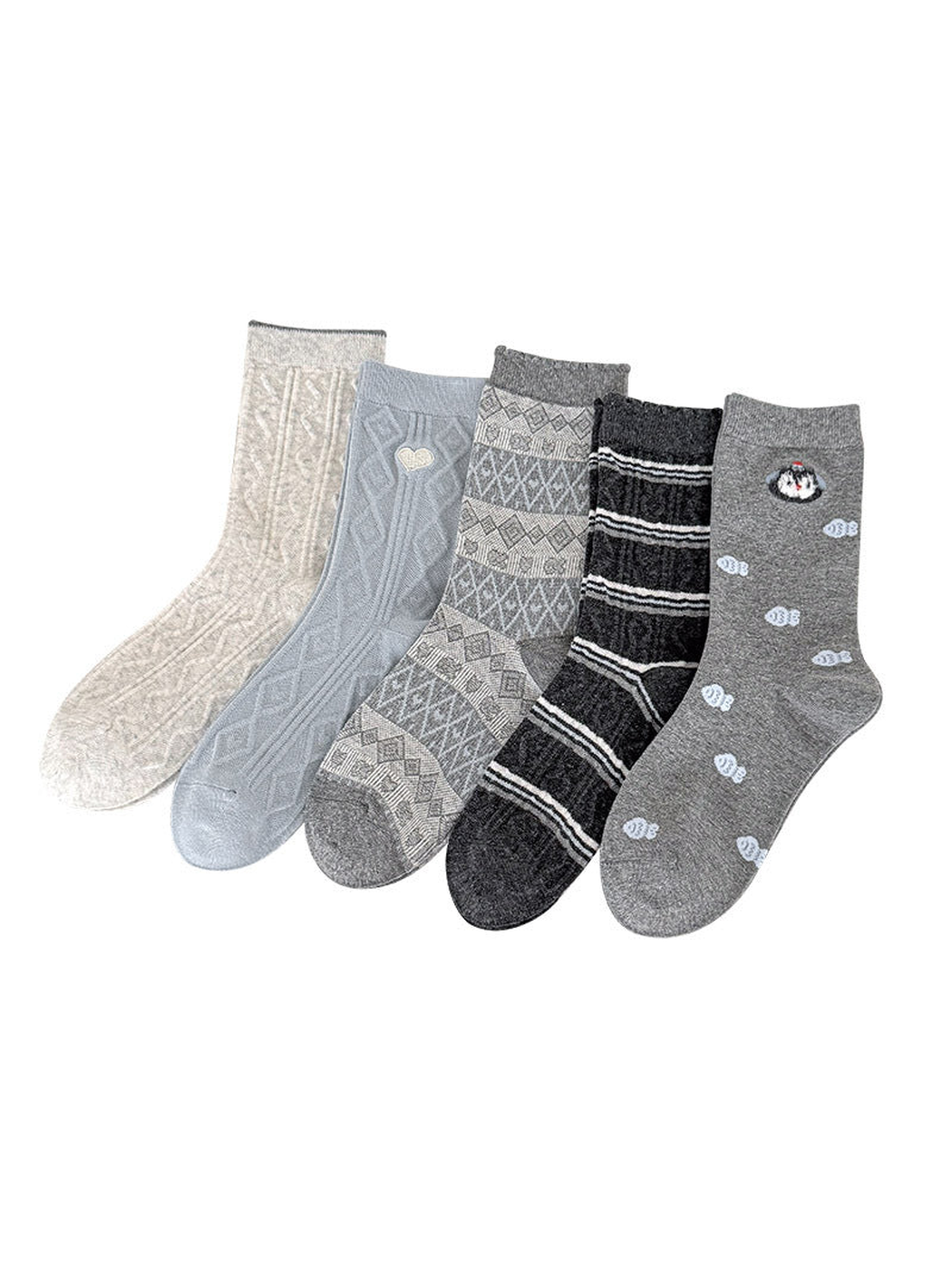 Waves, Heart, Geometric, Stripes, and Fish socks displayed together on a white background.