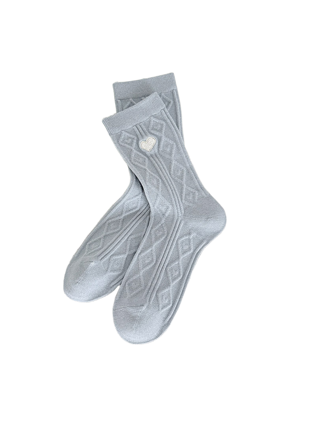 Blue-gray Heart socks with raised diamond texture and an ivory heart motif.