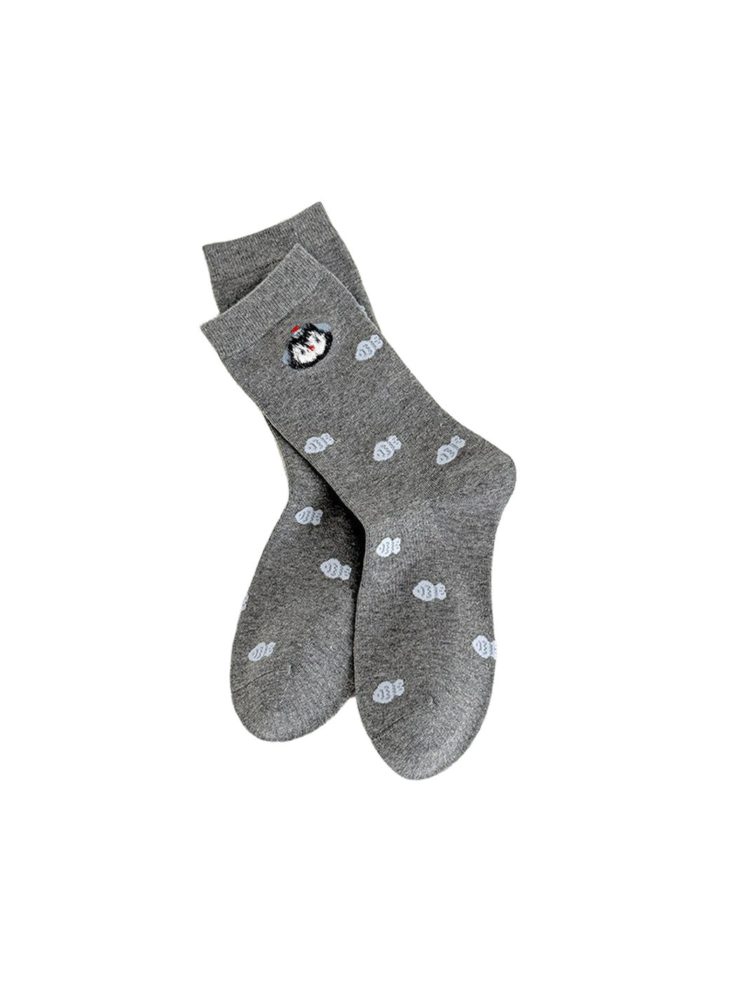 Gray Fish socks with pale blue fish motifs and a small cat-face accent.