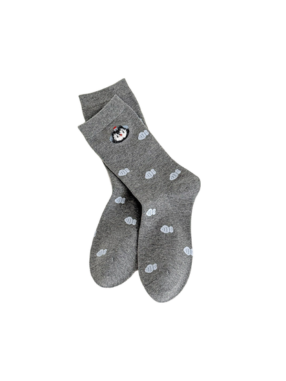 Gray Fish socks with pale blue fish motifs and a small cat-face accent.