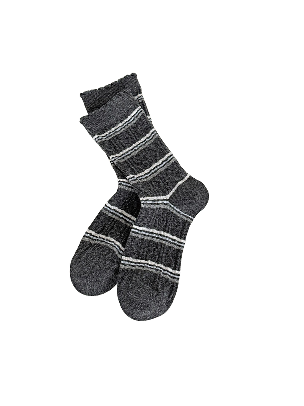 Dark gray Stripes socks with repeated light horizontal stripe groups.