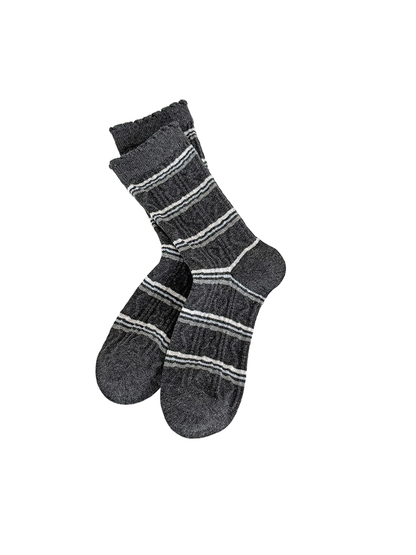 Dark gray Stripes socks with repeated light horizontal stripe groups.