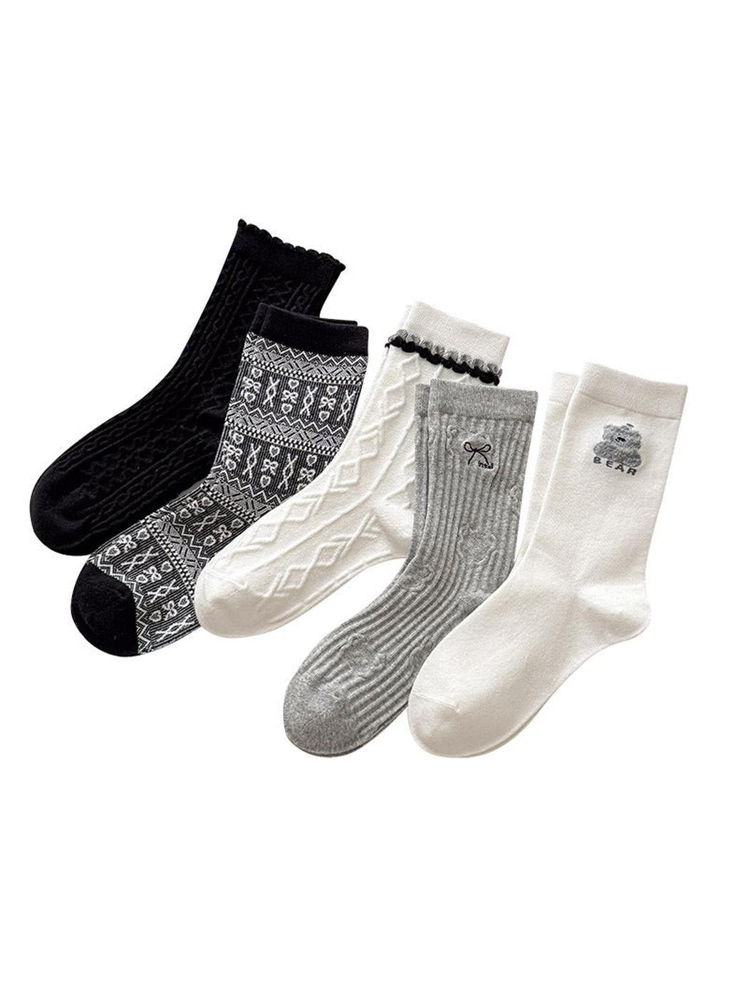 Five sock styles displayed together on a white background