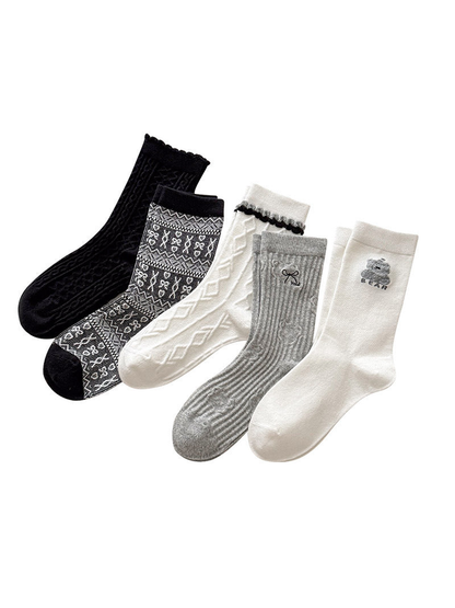 Five sock styles displayed together on a white background