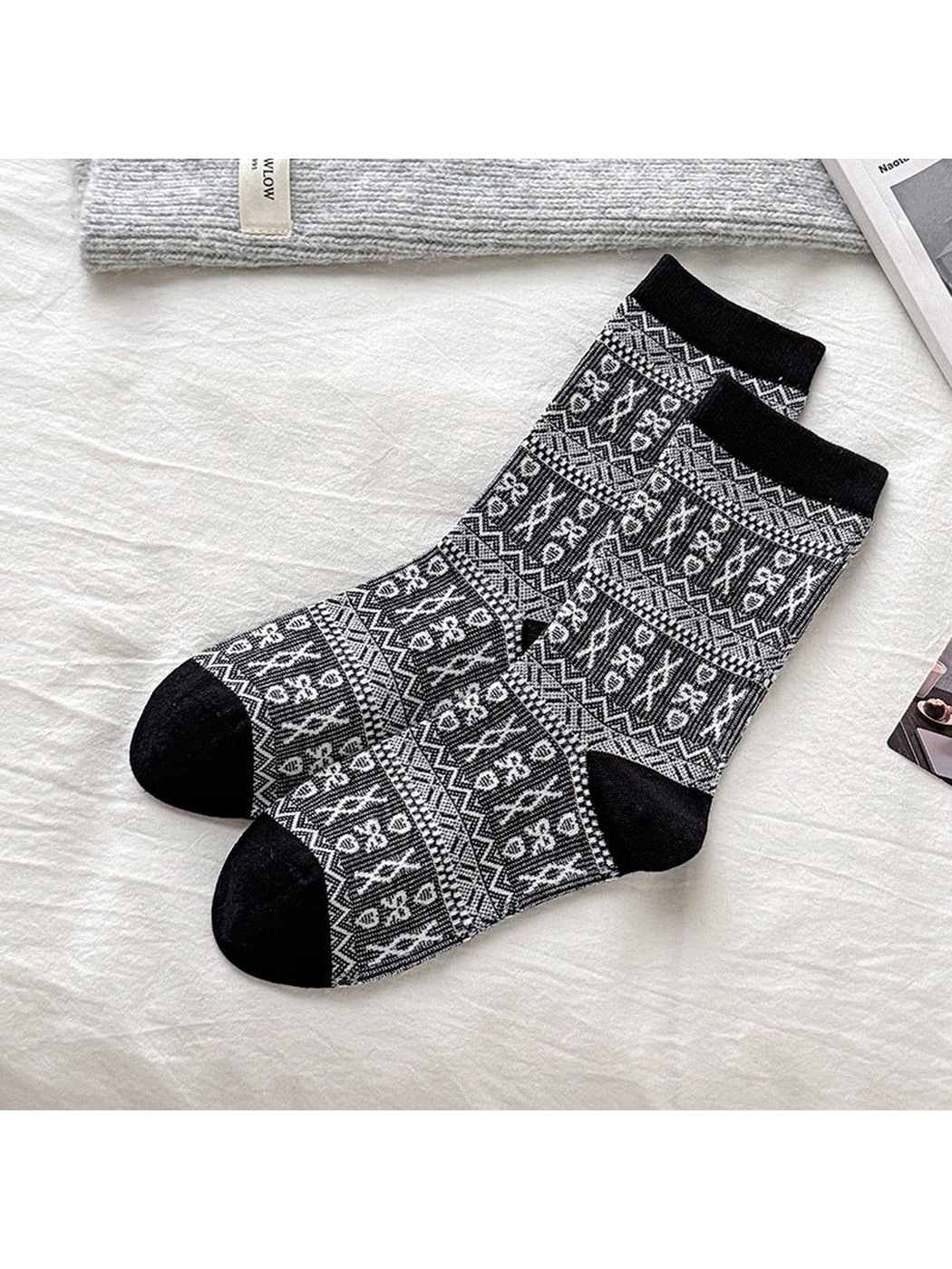 Black and white geometric patterned socks