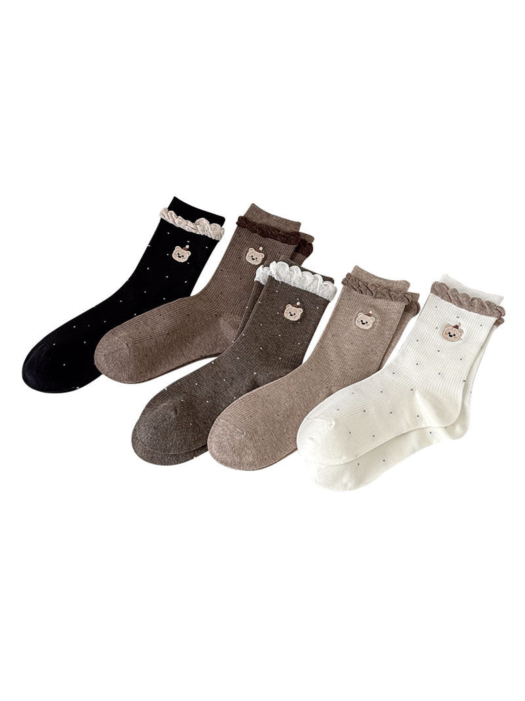 Black, Ivory, Light Coffee, Dark Coffee and Coffee bear-motif socks with contrasting cuff trim.