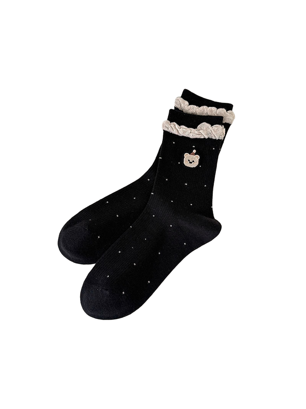 Black ribbed bear-motif socks with small contrasting dots and light braided cuff trim.
