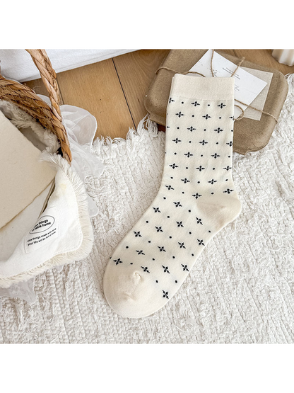 Beige Clover crew sock with four-leaf clover motifs