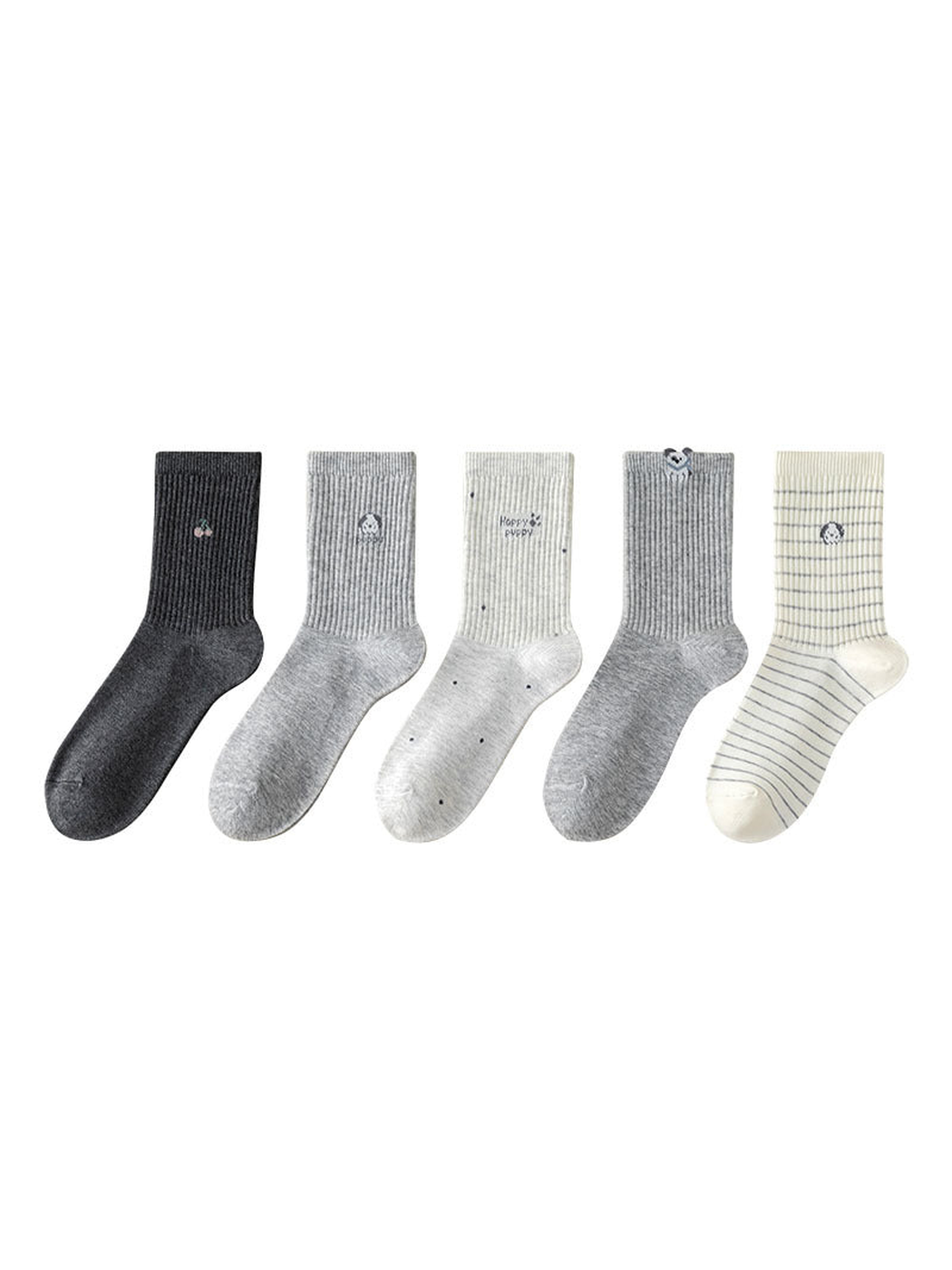Five ribbed crew socks in black, gray, ivory, and patterned designs
