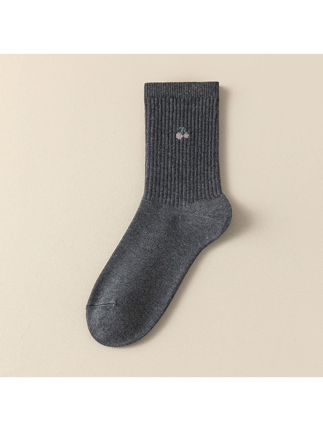 Cherry dark gray ribbed crew sock with a small cherry motif