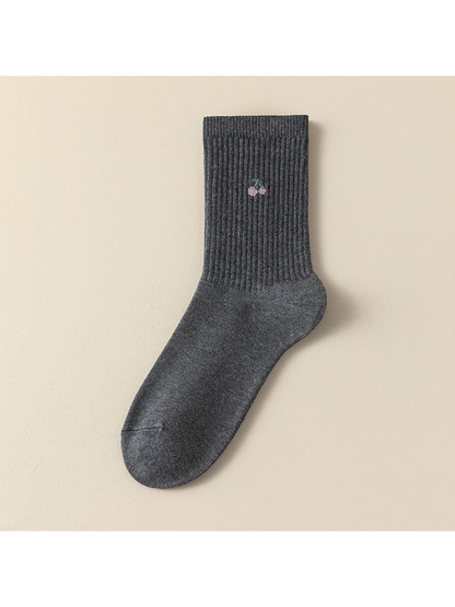 Cherry dark gray ribbed crew sock with a small cherry motif