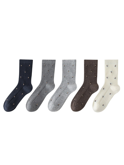 Five colorways of ribbed crew socks displayed together