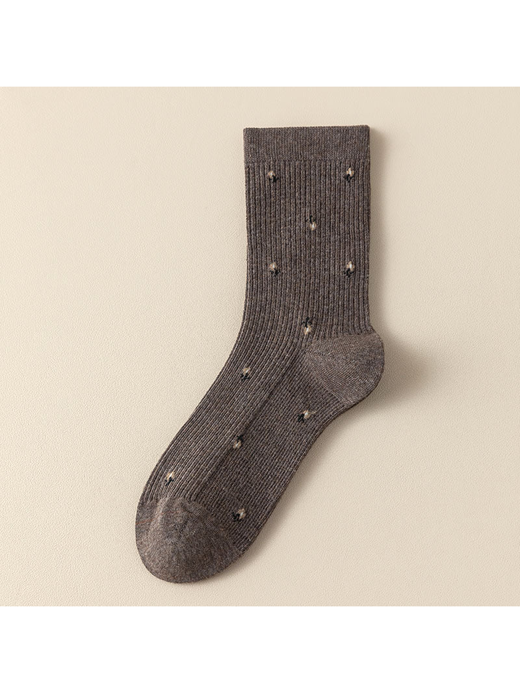 Coffee ribbed crew socks with multicolor motifs