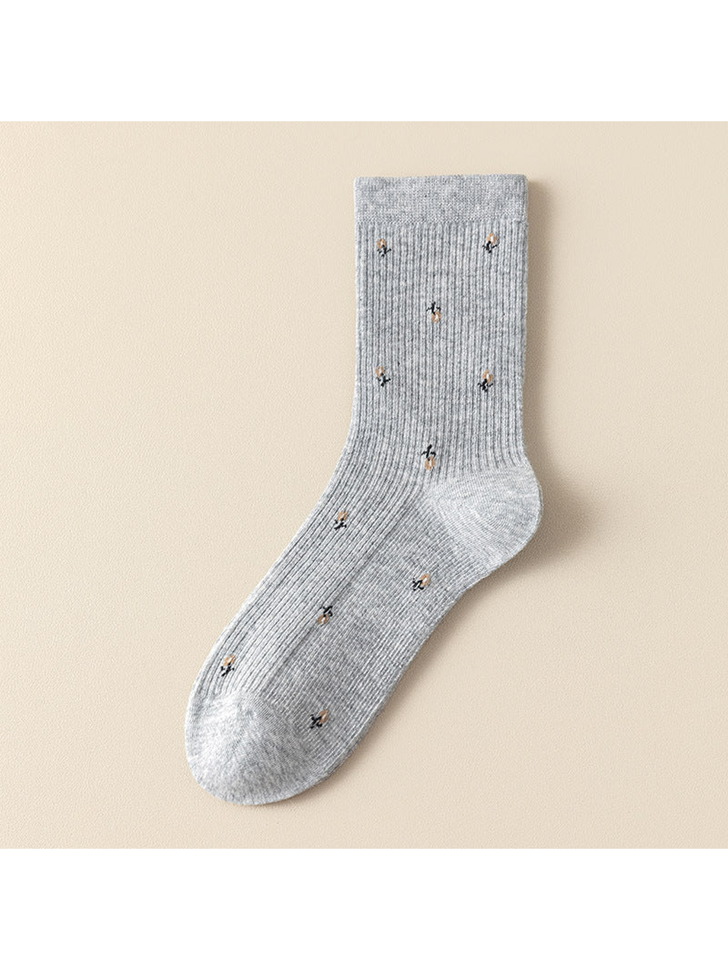 Light gray ribbed crew socks with multicolor motifs