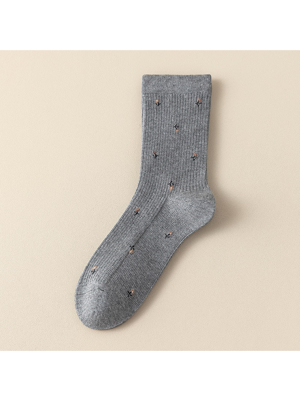 Gray ribbed crew socks with multicolor motifs
