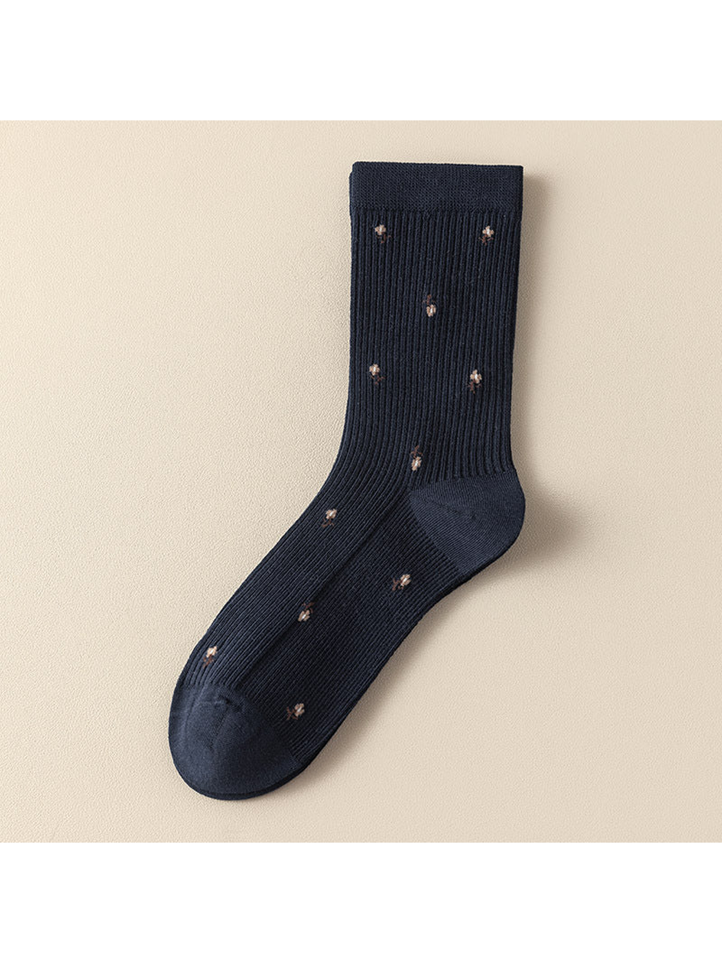 Navy ribbed crew socks with multicolor motifs