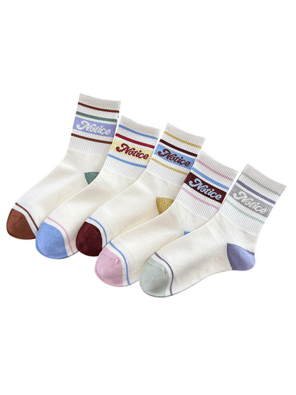 Five color-variant crew socks displayed together on a white background