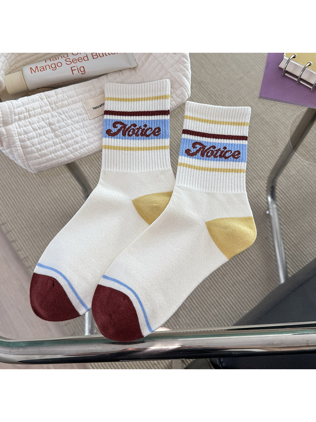 Yellow Color crew socks with striped cuff and contrasting heel and toe panels