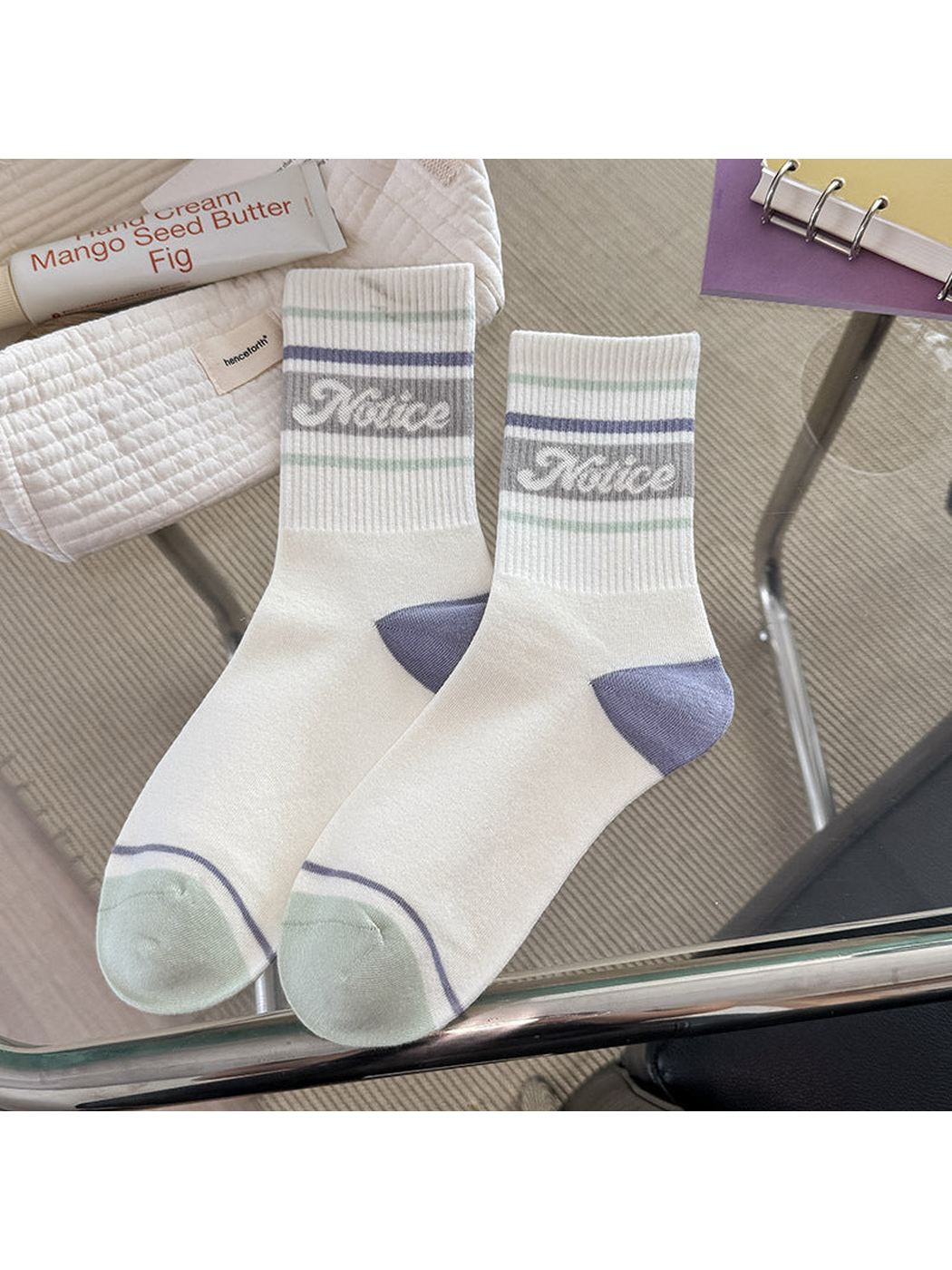 Purple Color crew socks with striped cuff and contrasting heel and toe panels