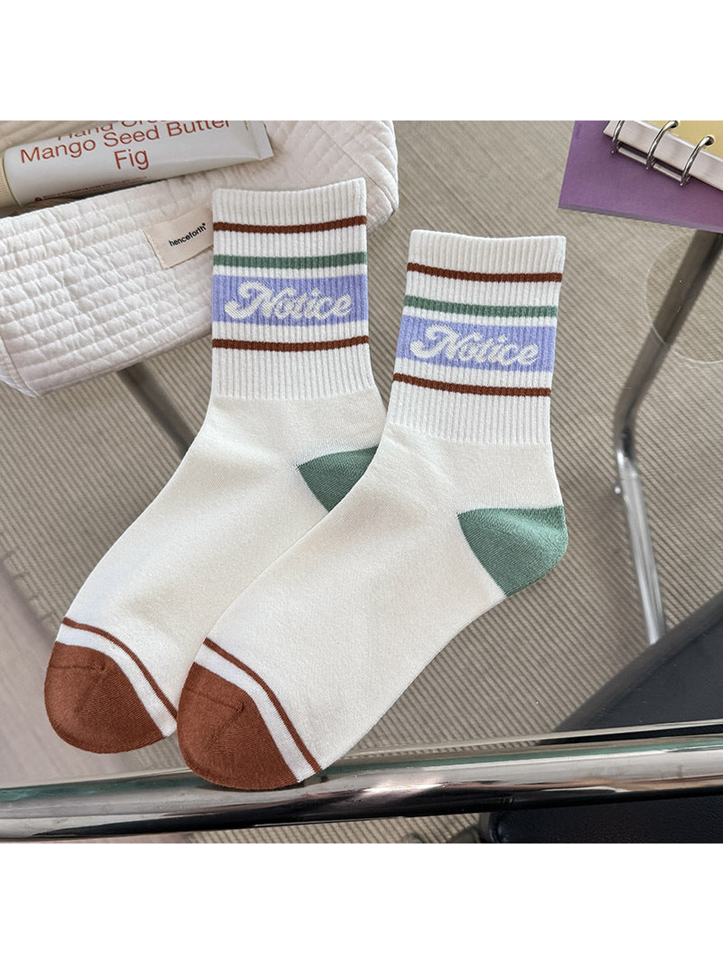Green Color crew socks with striped cuff and contrasting heel and toe panels