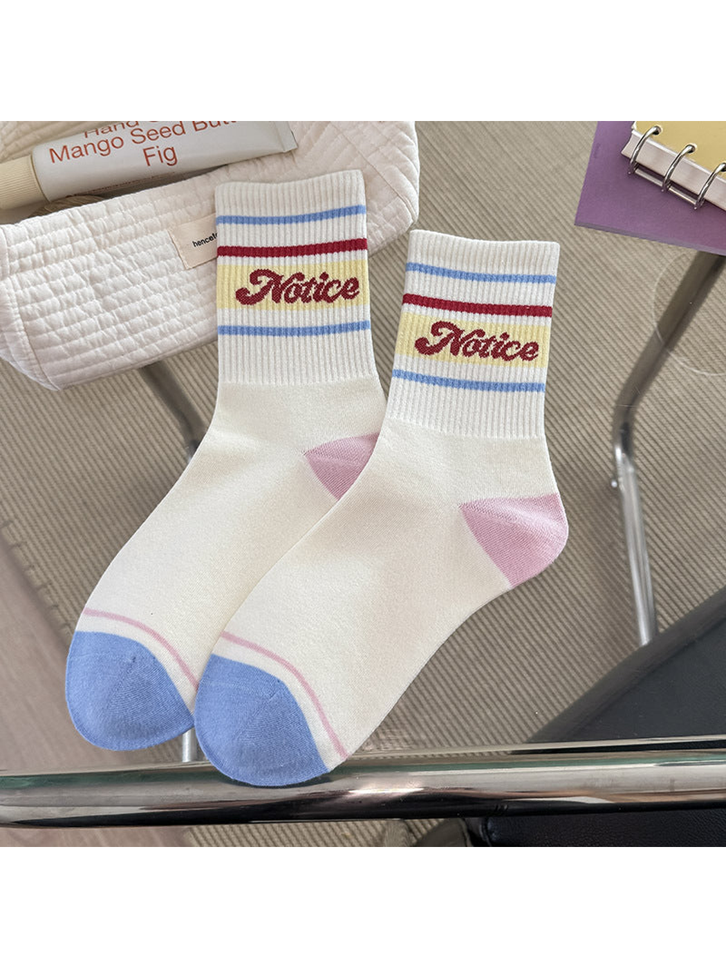 Pink Color crew socks with striped cuff and contrasting heel and toe panels