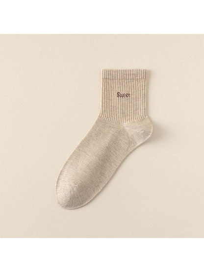 Khaki Lettering crew sock with ribbed cuff and shaped heel