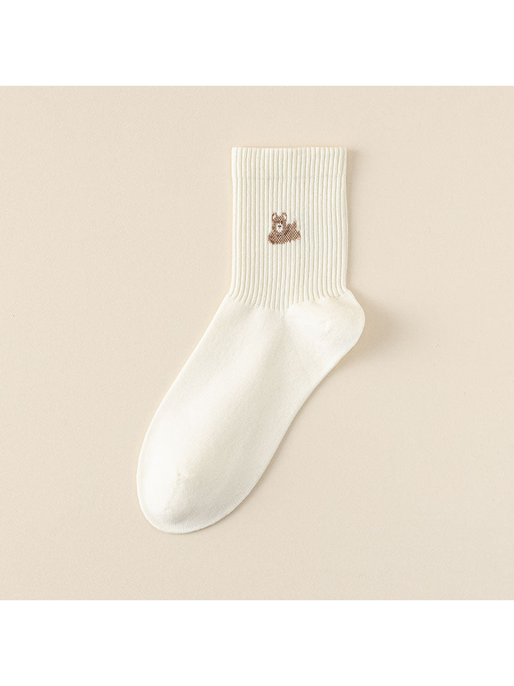 Bear style ivory crew sock with a brown bear motif and ribbed cuff