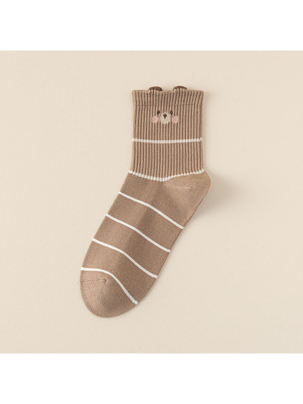 Stripes style camel crew sock with white stripes, a bear face and ear-shaped cuff tabs