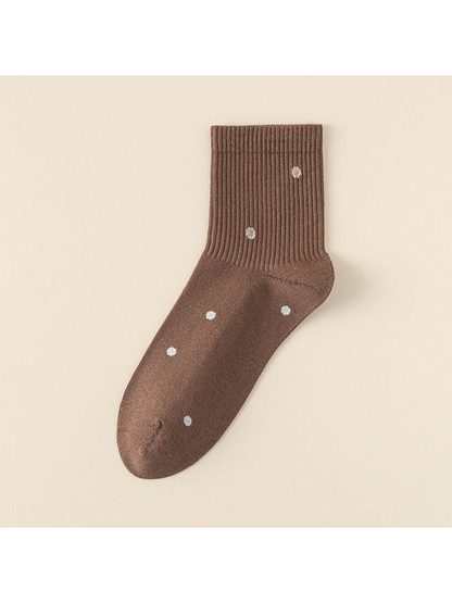 Polka Dots style brown crew sock with white dots and a ribbed cuff