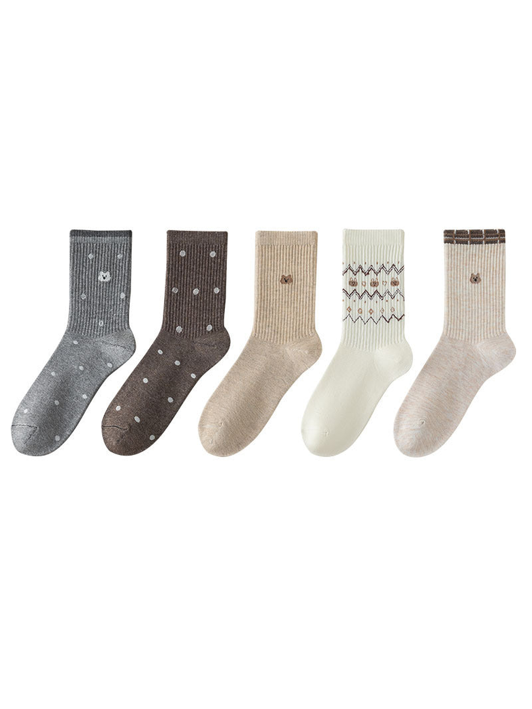 Five crew sock styles spaced apart on white, showing each complete silhouette and pattern