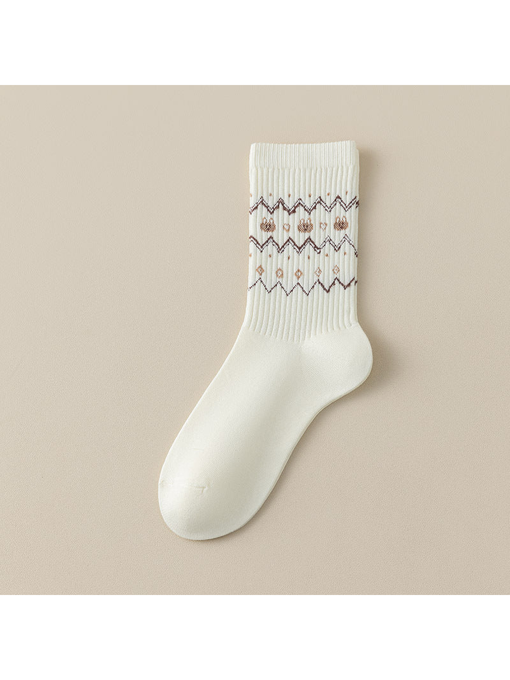 Zigzag crew sock with brown geometric bands across the ribbed leg