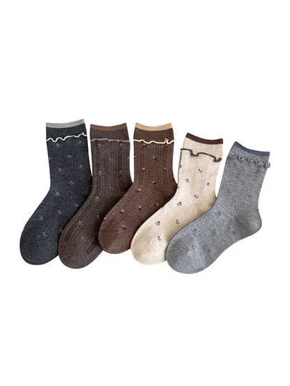 Floral socks in Dark Gray, Dark Coffee, Coffee, Ivory, and Heather Gray with contrasting cuffs and wavy trim