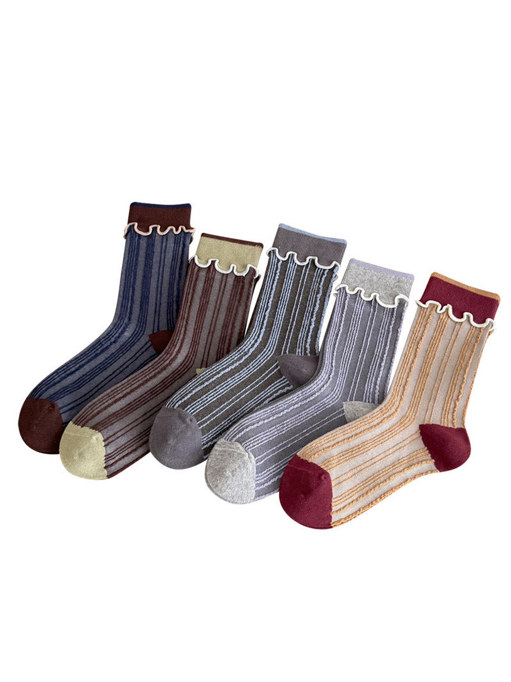 Striped socks in Burgundy, Light Gray, Dark Gray, Brown and Blue displayed on a white background