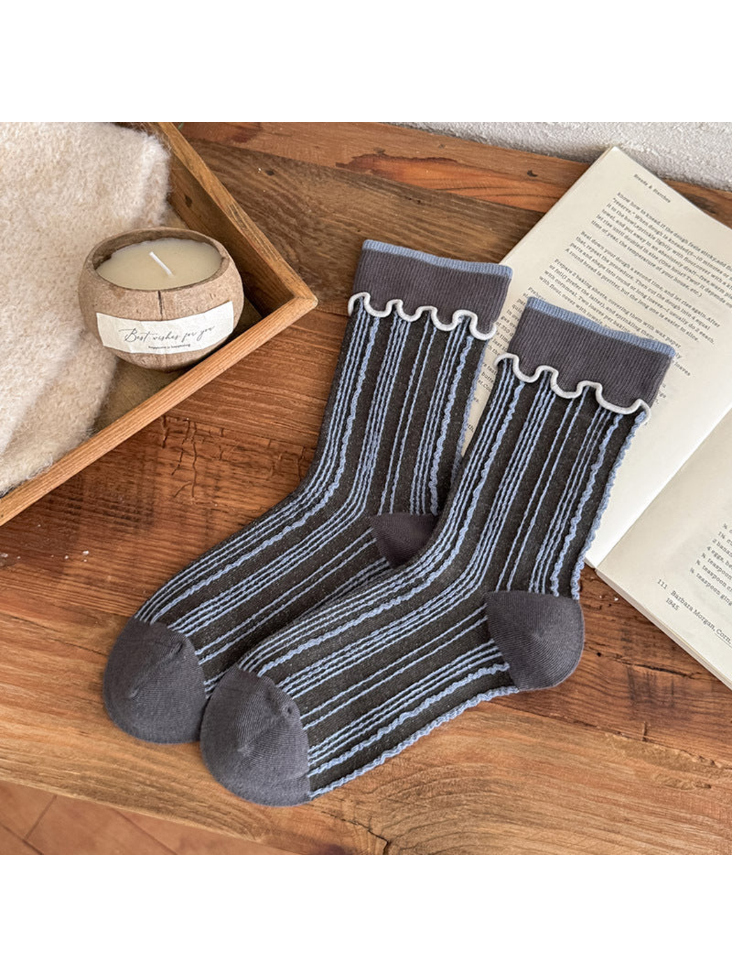Dark Gray socks with light blue vertical stripes, contrasting toe and heel panels, and white wavy cuff trim