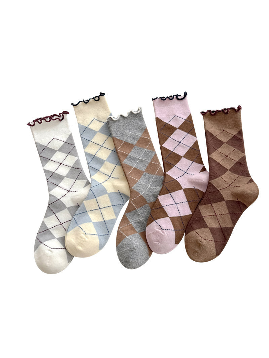 White, Cream, Heather Gray, Light Pink and Coffee argyle socks with contrasting wavy cuffs