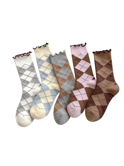 White, Cream, Heather Gray, Light Pink and Coffee argyle socks with contrasting wavy cuffs