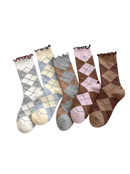 White, Cream, Heather Gray, Light Pink and Coffee argyle socks with contrasting wavy cuffs