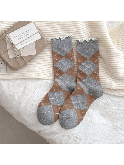 Heather Gray socks with tan argyle diamonds and white wavy cuffs