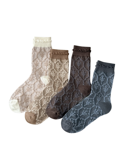 Ivory, Khaki, Dark Coffee and Blue Gray socks with raised floral lattice patterns and looped cuff trim