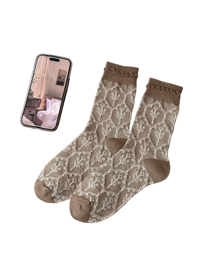 Khaki socks with cream floral lattice motifs, plain toes and heels, and looped cuff trim