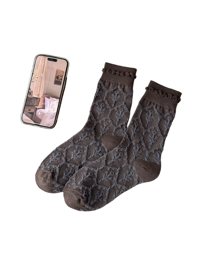 Dark Coffee socks with blue-gray floral lattice motifs, plain toes and heels, and looped cuff trim