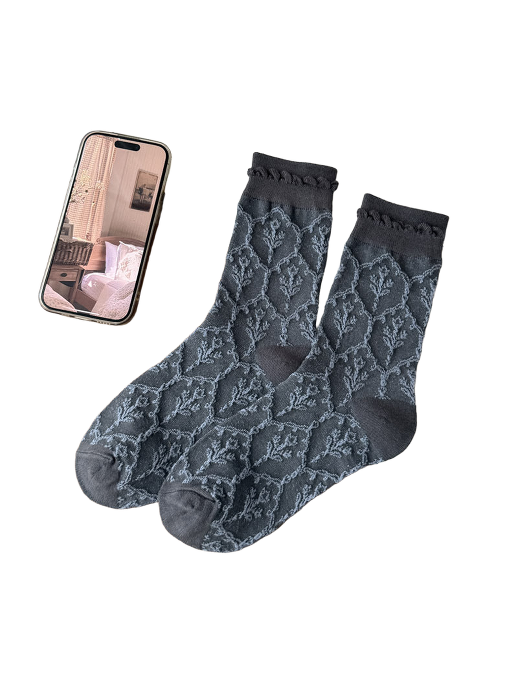 Blue Gray socks with lighter floral lattice motifs, plain toes and heels, and looped cuff trim