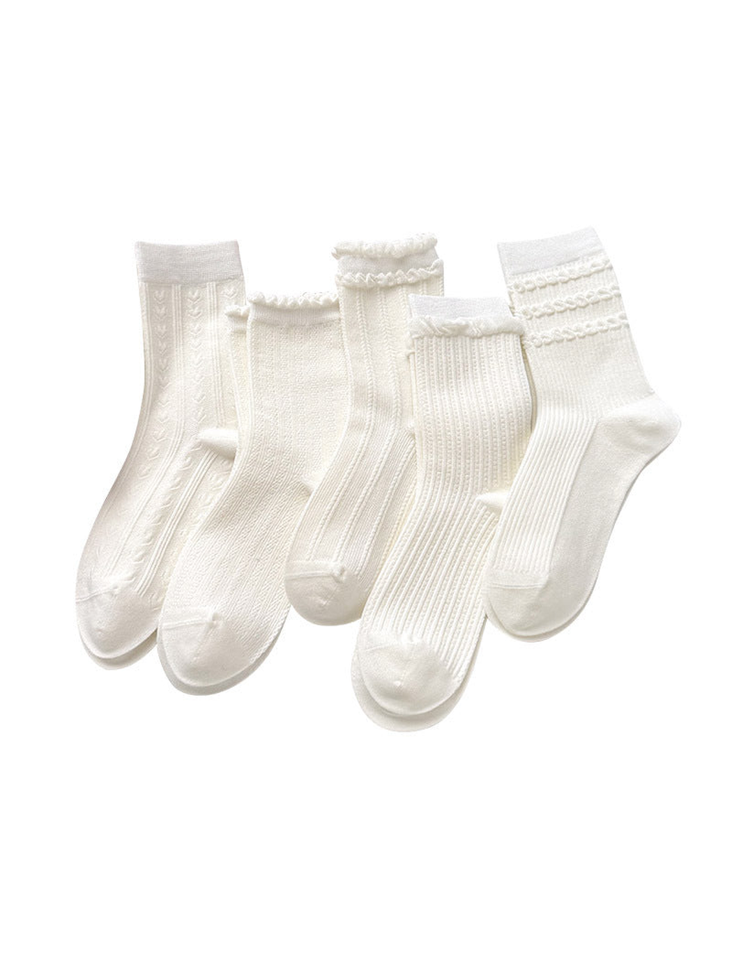 White crew socks in five styles with heart patterns, ribbing, and different cuff trims on a white background.