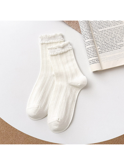 White Double Ruffle socks with vertical ribbing and two ruffled rows at the cuffs.