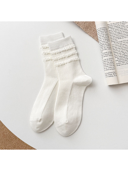 White Triple Ruffle socks with vertical ribbing and three ruffled rows below straight cuffs.