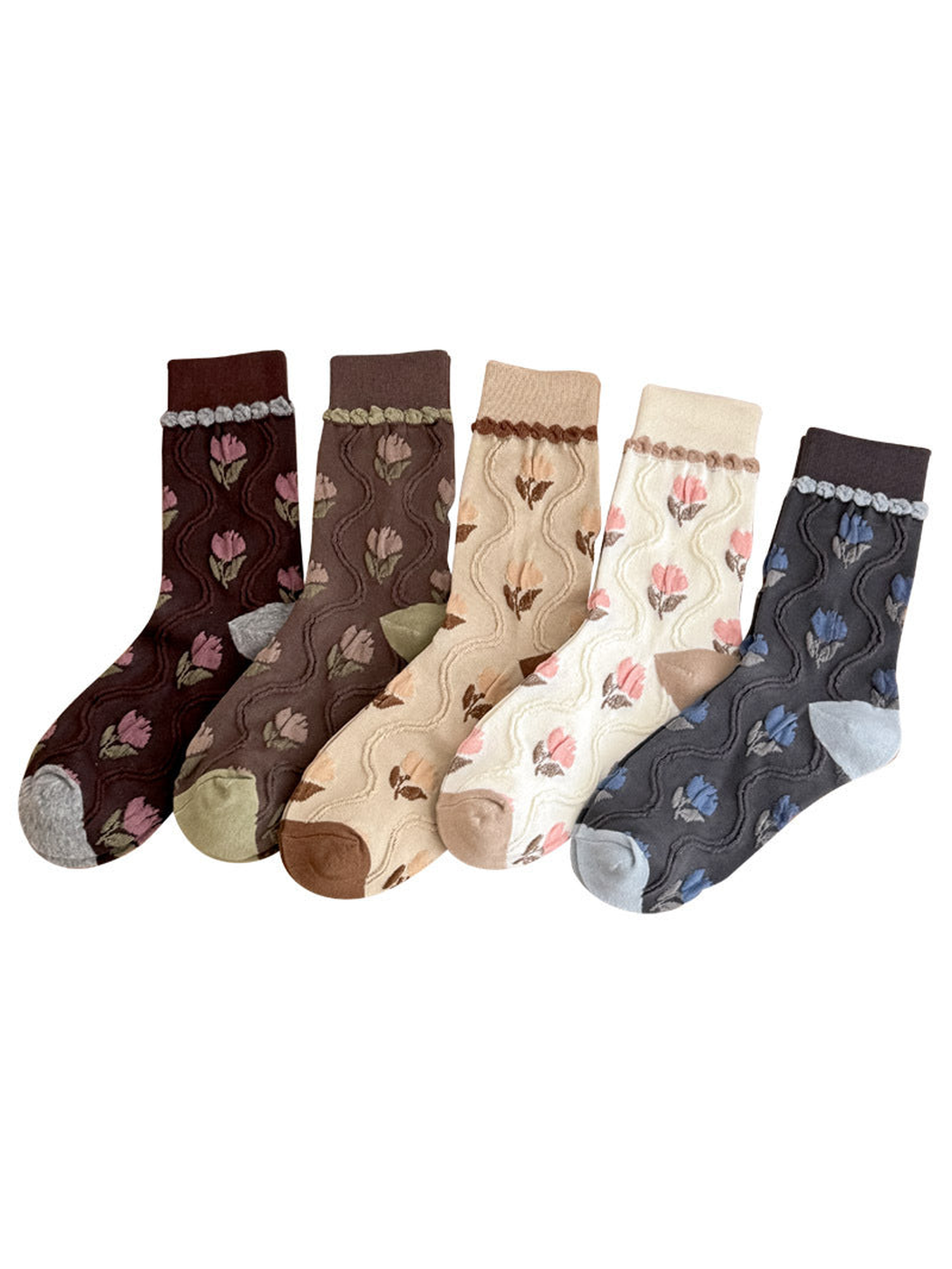 Tulip-pattern crew socks in Burgundy, Coffee, Beige, Ivory, and Dark Gray arranged on a white background.