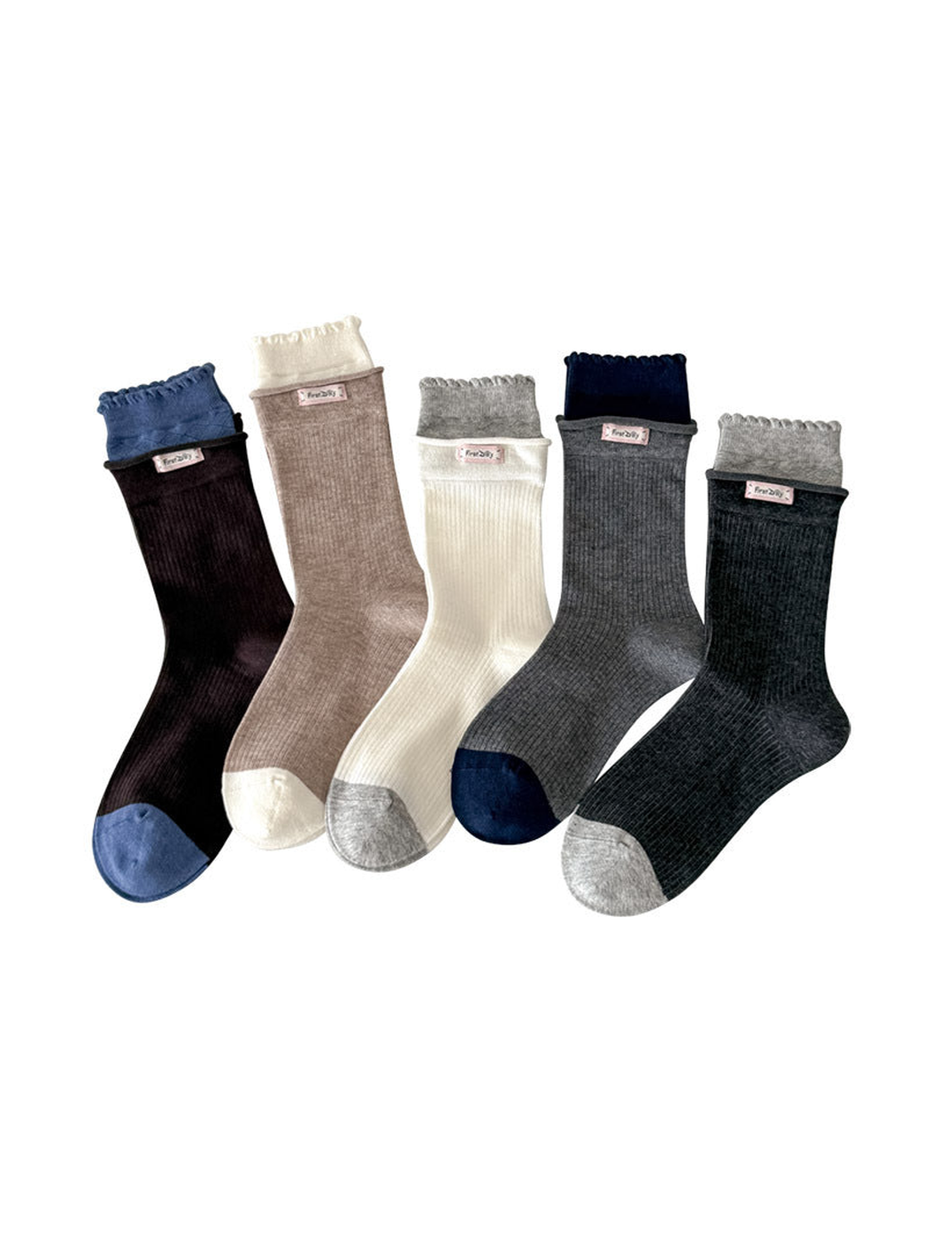 Ivory, Beige, Gray, Black and Dark Brown ribbed socks with contrasting cuffs and toes on a white background