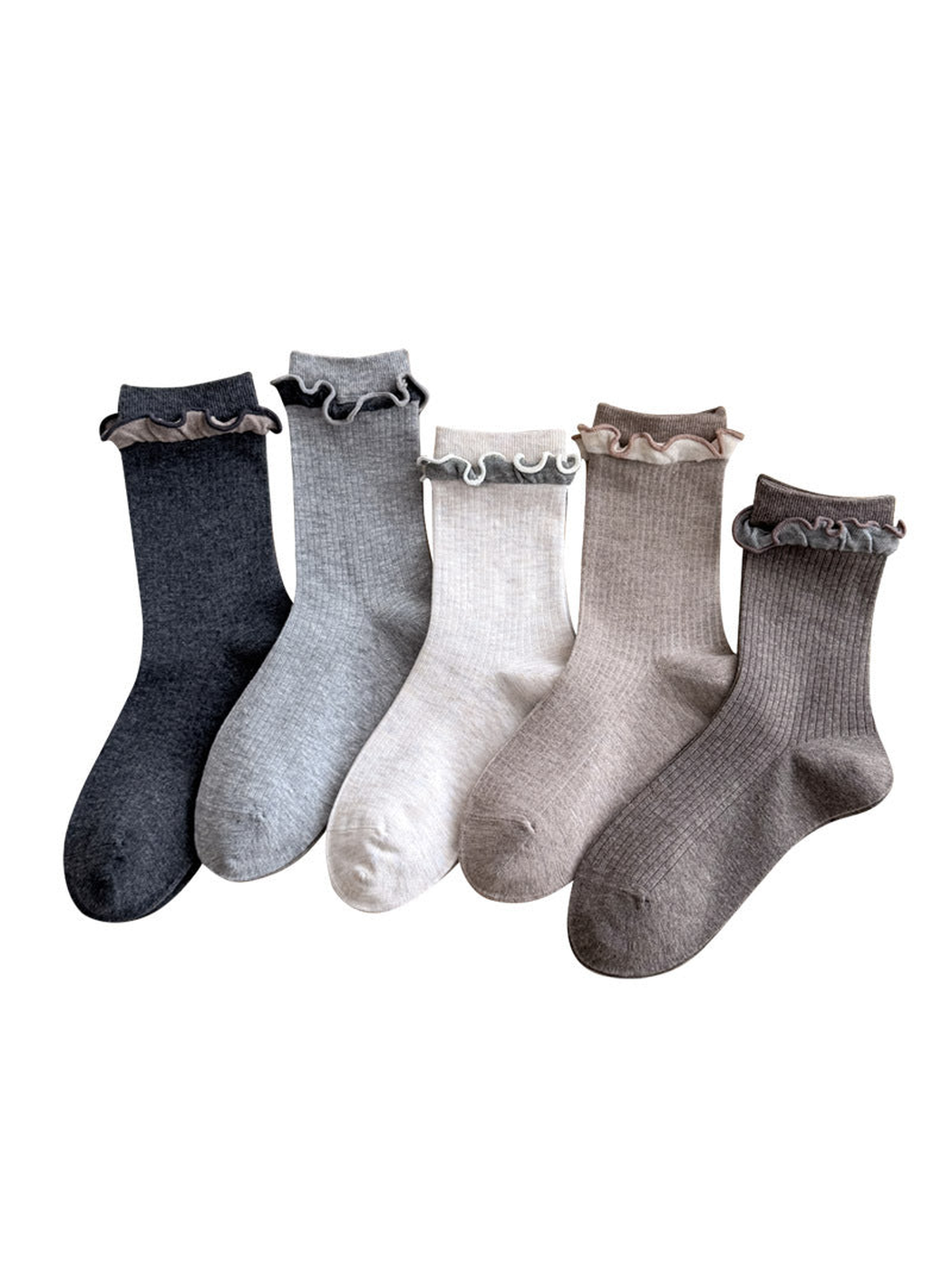 Five colors of ribbed crew socks with contrasting ruffled cuffs arranged on a white background.
